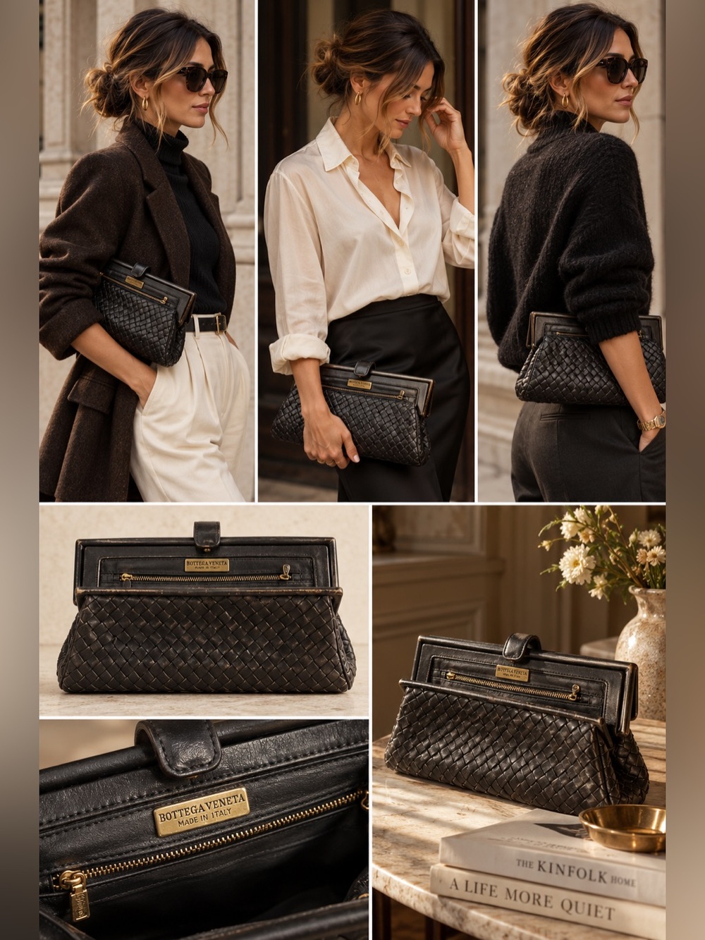 Vintage Bottega Veneta Black Intrecciato Leather Frame Clutch, Made in Italy